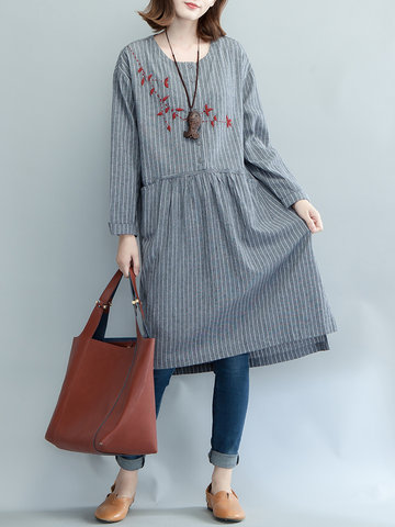 Women Striped Embroidery Dress-Newchic-