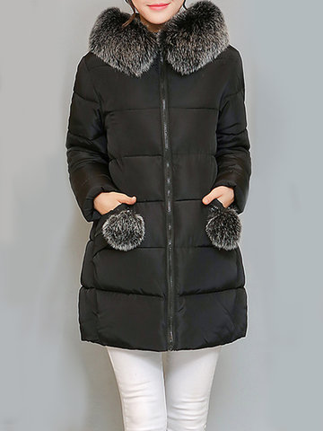 Women Thicken Faux Fur Collar Hooded Coats-Newchic-