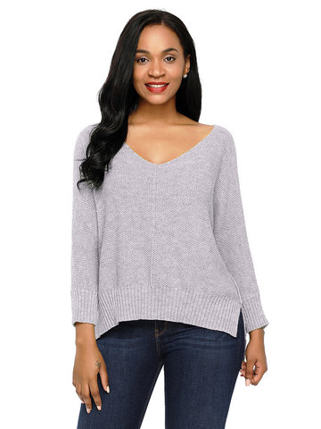 Women V-Neck Long Sleeve Sweater-Newchic-