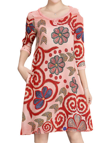 Women Vintage Print 3/4 Sleeve Pocket Dress-Newchic-