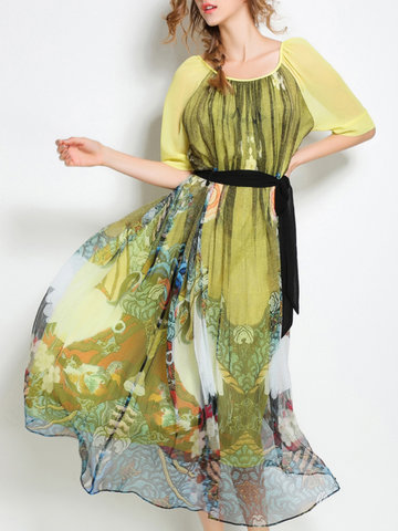 Women Vintage Printed Loose Dresses-Newchic-