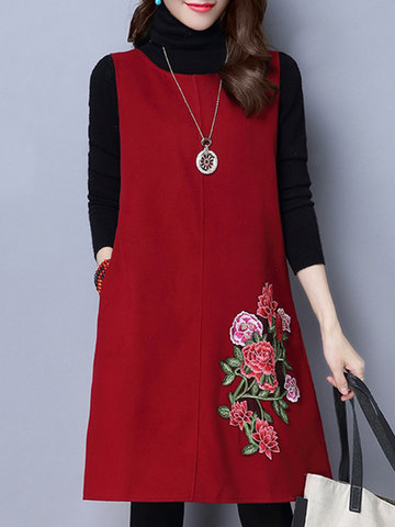 Women Winter Embroidery Sleeveless Dress-Newchic-