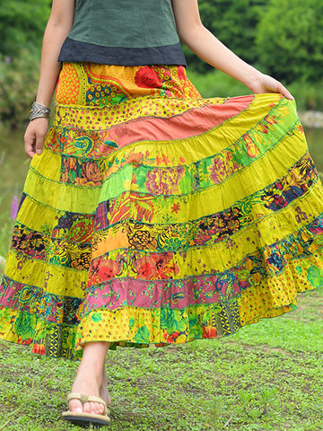 ZHI Patchwork Elastic Waist Printed Long Skirts For Women-Newchic-