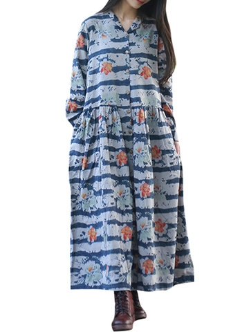 ZHI Vintage Floral Printed Buttons Long Sleeve Loose Maxi Dresses-Newchic-