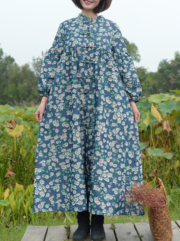 ZHI Vintage Floral Printed Shirt Dresses-Newchic-