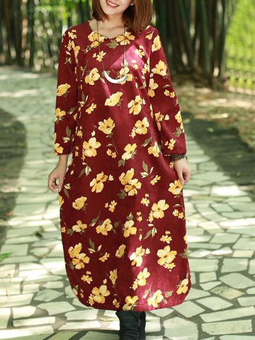ZHI Women Vintage Floral Printed Long Sleeve Vintage Maxi Dresses-Newchic-