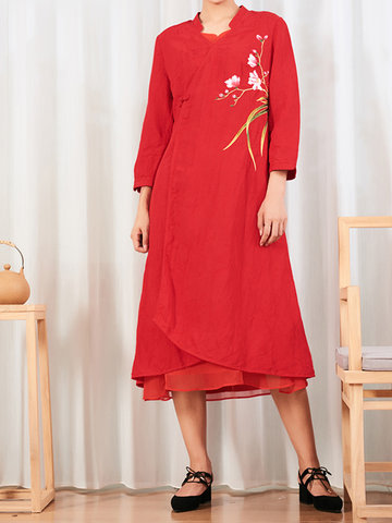 BOHUI Vintage Embroidered Layered Long Sleeve Women Dresses-Newchic-