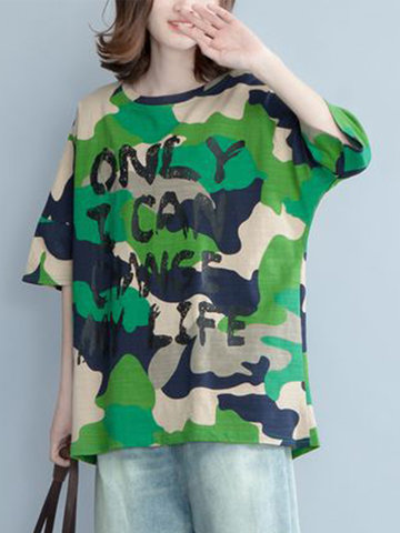 Camouflage Letter T-shirts For Women-Newchic-
