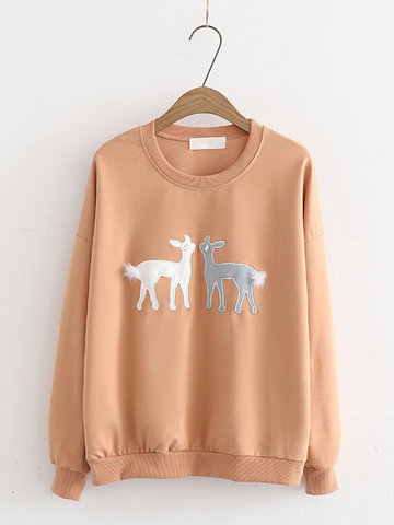 Casual Deer Embroidery Long Sleeve Women Sweatshirts-Newchic-