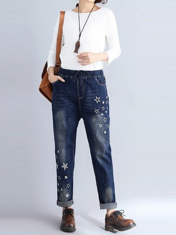 Casual Embroidery Elastic Waist Women Harem Jeans-Newchic-