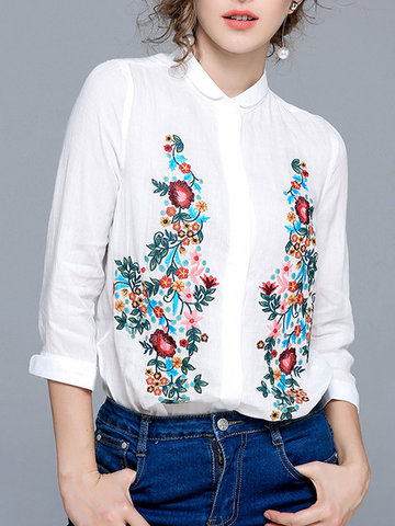 Casual Embroidery Turn-Down Collar Women Shirts-Newchic-