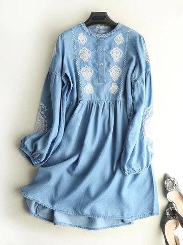 Casual Embroidery Women Denim Dresses-Newchic-