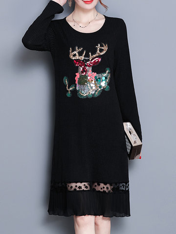 Casual Lace Patchwork Deer Print Women Dresses-Newchic-