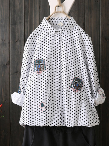Casual Loose Embroidery Polka Dot Women Blouses-Newchic-