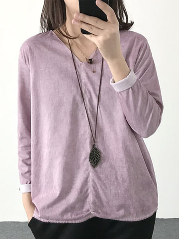 Casual Loose Solid Color V-neck Women Shirts-Newchic-