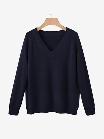 Casual Loose Women Solid Color V-neck Sweaters-Newchic-