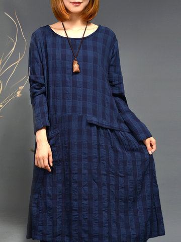 Casual Plaid Pocket Loose Linen Dress-Newchic-