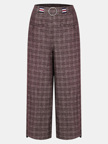 Casual Plaid Woolen Wide Leg Pants-Newchic-