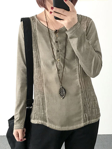 Casual Solid Color Long Sleeve O-neck Women Shirts-Newchic-