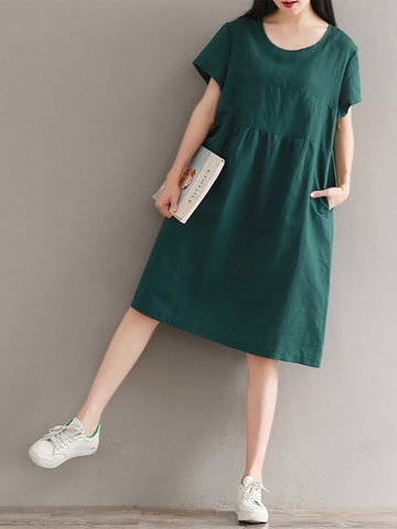 Casual Solid Color Loose Waist O-Neck Short Sleeve Women Dresses-Newchic-