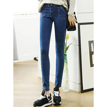 Casual Solid Pockets Button Pencil Denim Pants For Women-Newchic-