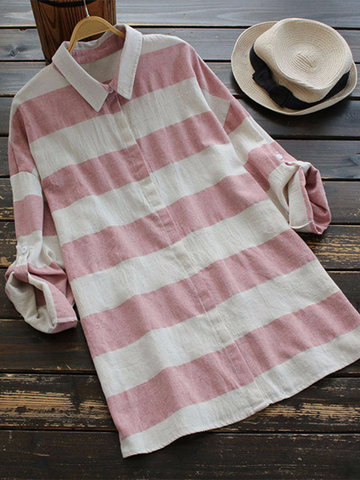Casual Stripe Mid-Long Blouses-Newchic-