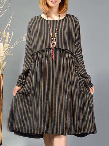 Casual Striped Long Sleeve Loose Women Dress-Newchic-