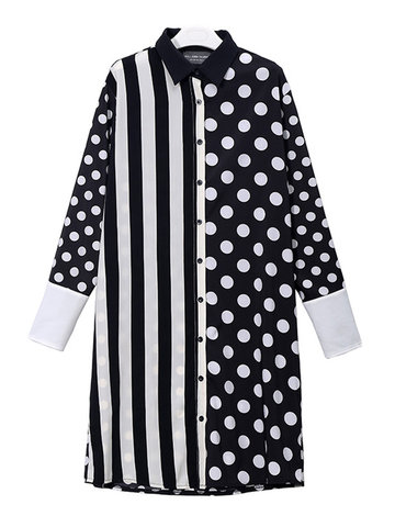 Casual Striped Polka Dot Print Lapel Women Dresses-Newchic-
