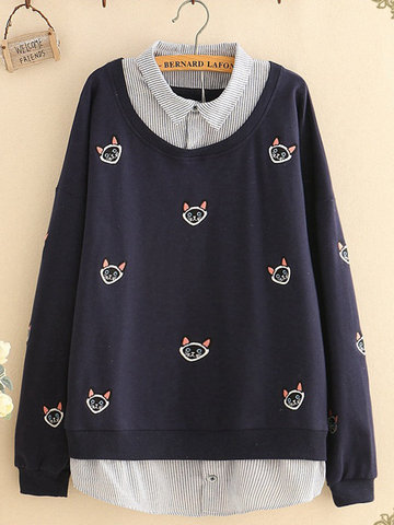 Casual Women Cat Print Fake Two Pieces Sweatshirts-Newchic-