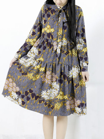 Casual Women Floral Print Bowknot Chiffon Dresses-Newchic-