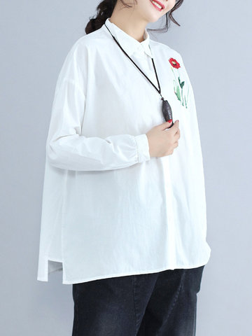 Casual Women Flower Embroidery Lapel Shirt-Newchic-