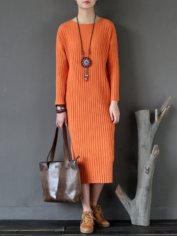 Casual Women Long Sleeve Pure Color Knitted Mid-Long Dresses-Newchic-