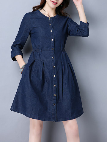 Casual Women Solid 3/4 Sleeve Button Mini Dress Thin Coat-Newchic-