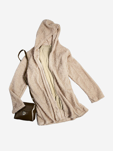 Casual Women Solid Color Hooded Fleece Coats-Newchic-