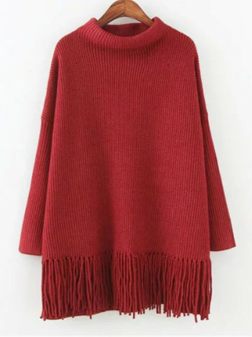 Casual Women Solid Tassel Hem Sweater-Newchic-
