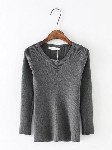 Casual Women Solid V-Neck Knit Sweater-Newchic-