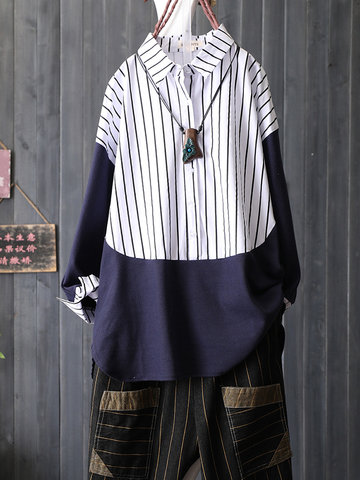 Casual Women Stripe Patchwork Lapel Shirts-Newchic-