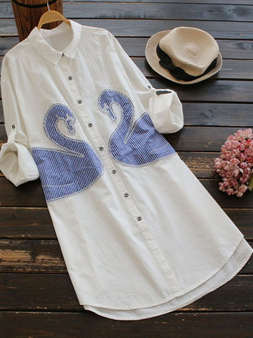 Casual Women Swan Embroidery Long Sleeve Blouses-Newchic-
