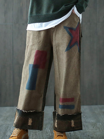 Casual Women Vintage Print Patchwork Pants-Newchic-