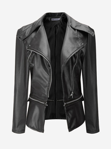 Casual Zipper Women Leather Jackets-Newchic-