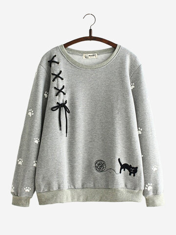 Cat Embroidery Bandage Women Sweatshirts-Newchic-