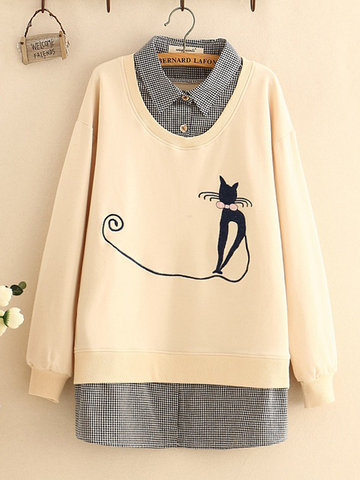 Cat Embroidery Fake Two Pieces Women Blouses-Newchic-