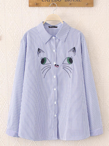 Cat Embroidery Stripes Lapel Loose Shirt-Newchic-