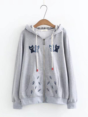 Cat Fish Embroidery Hooded Women Coats-Newchic-