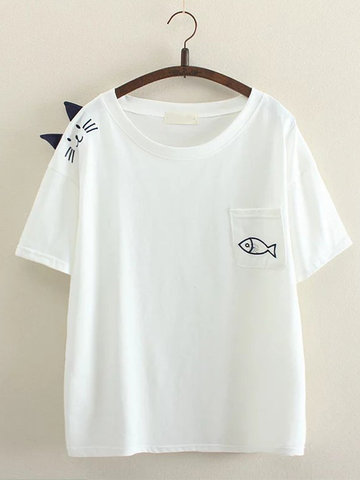Cat Fish Print Women T-shirts-Newchic-