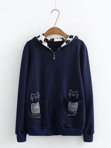 Cat Print Hooded Women Coats-Newchic-