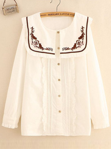 Cats Embroidered Long Sleeve Blouses-Newchic-