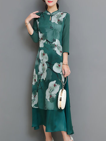 Chinese Style Flower Print Women Dresses-Newchic-
