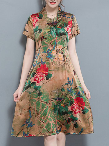 Chinese Style Printed Women Short Sleeve Dresses-Newchic-