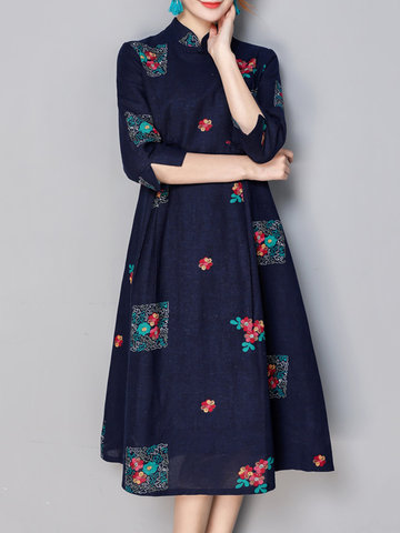 Chinese Style Vintage Printed Half Sleeve Women Dresses-Newchic-